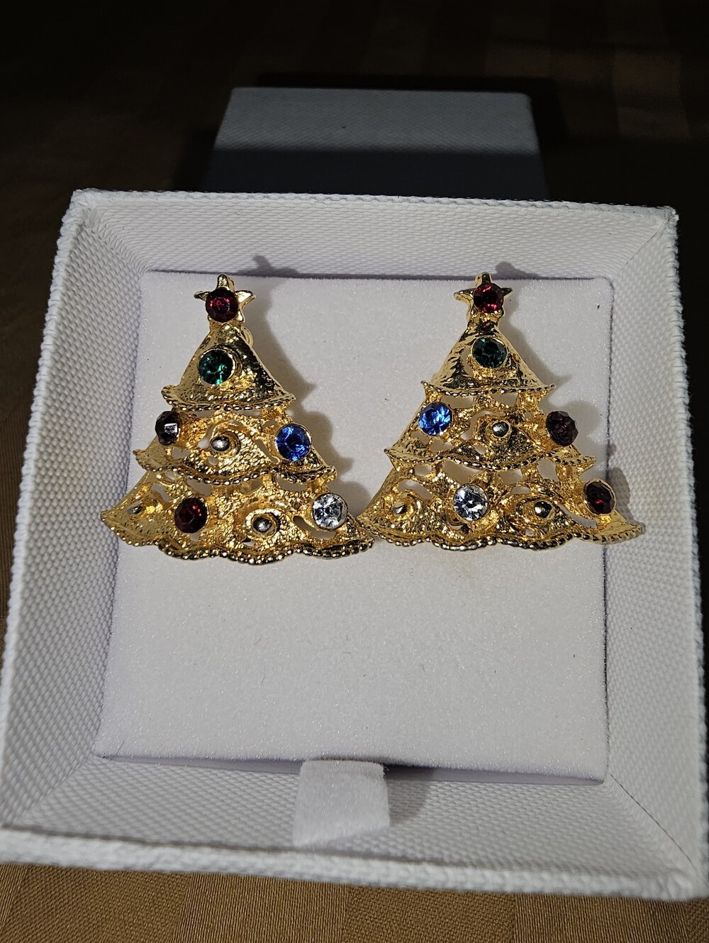Eisenburg Gold-Tone Multicolor Rhinestone Christmas Tree Clip Earrings